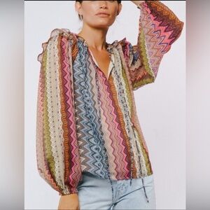 NWT CIEBON Zig Zag Sheer Multicolor Blouse Medium | Ruffle Puff Sleeve Boho Top